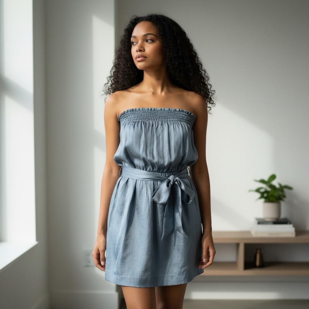 Silk Mini Dress Margit Brandt Copenhagen Strapless Dusty Blue Smocked Sash 6/36
